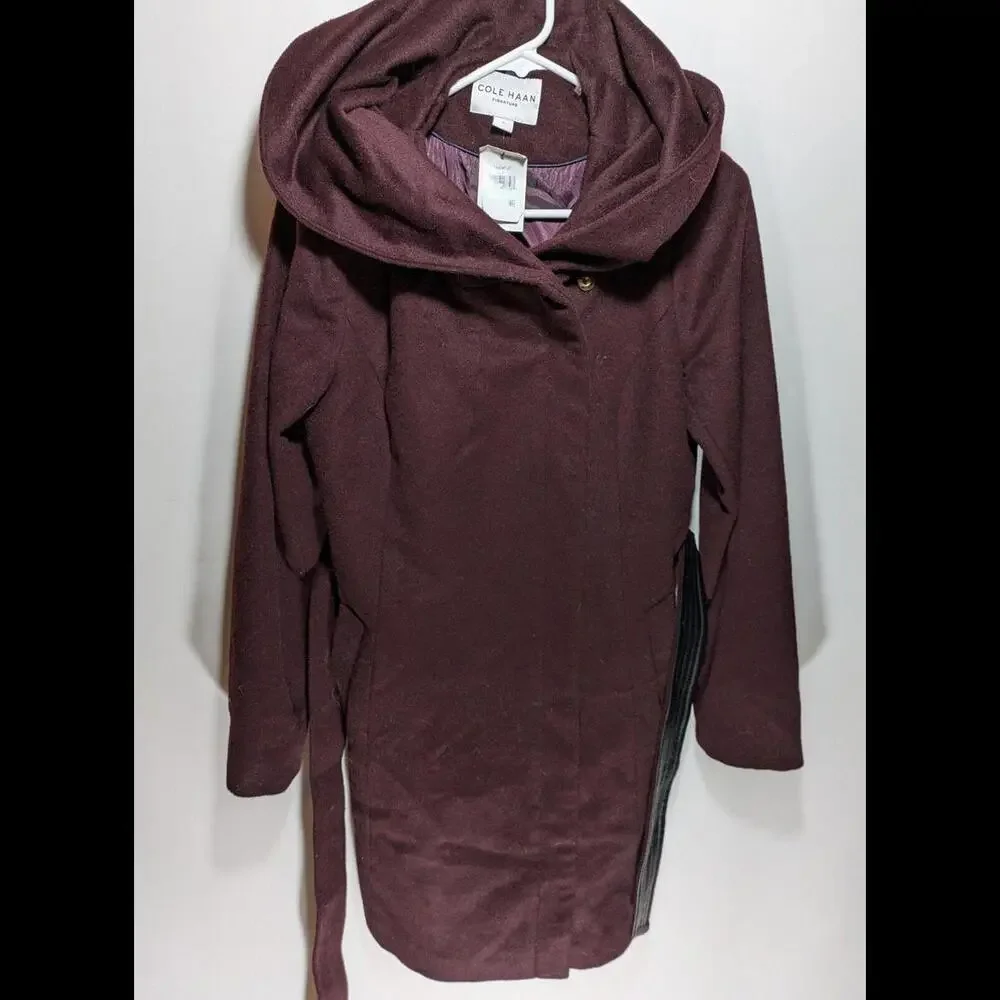 NWT Womens Cole Haan Belted Asymmetrical Maroon Wool Coat Jacket Size 8 MSRP$350